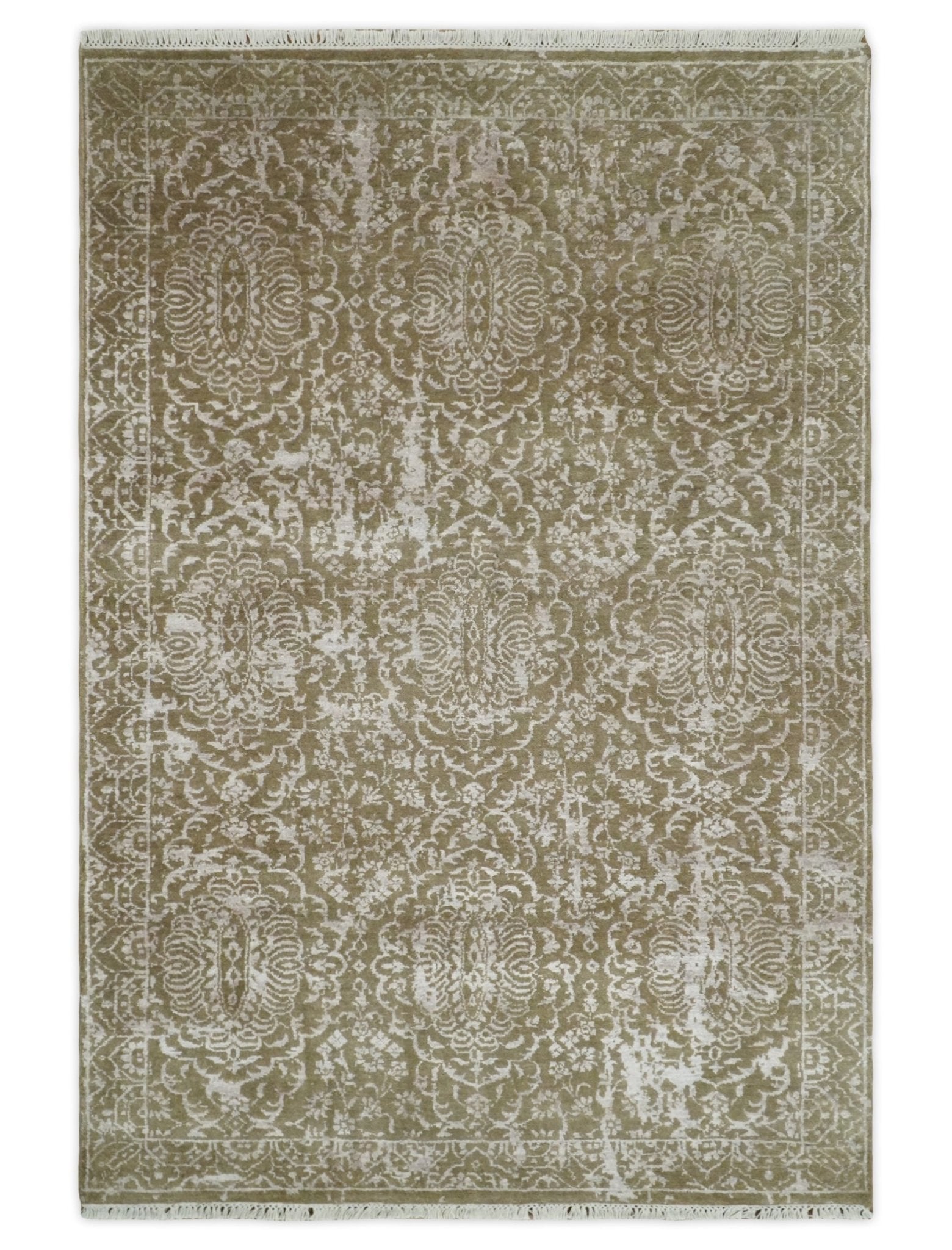 4x6 Fine Hand Knotted Olive and Silver Traditional Vintage Persian Style Antique Wool and SIlk Rug | AGR16 - Arte House