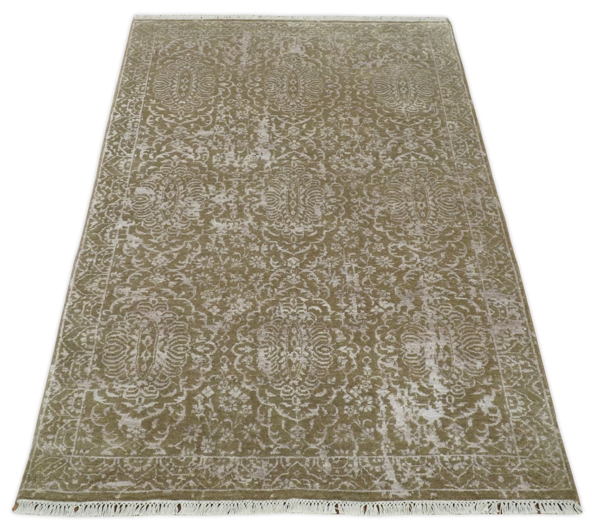 4x6 Fine Hand Knotted Olive and Silver Traditional Vintage Persian Style Antique Wool and SIlk Rug | AGR16 - Arte House