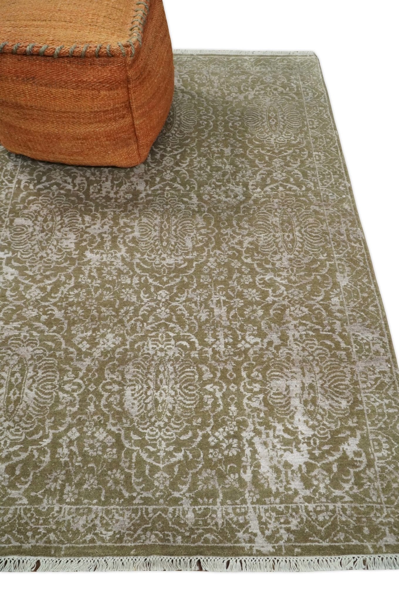 4x6 Fine Hand Knotted Olive and Silver Traditional Vintage Persian Style Antique Wool and SIlk Rug | AGR16 - Arte House