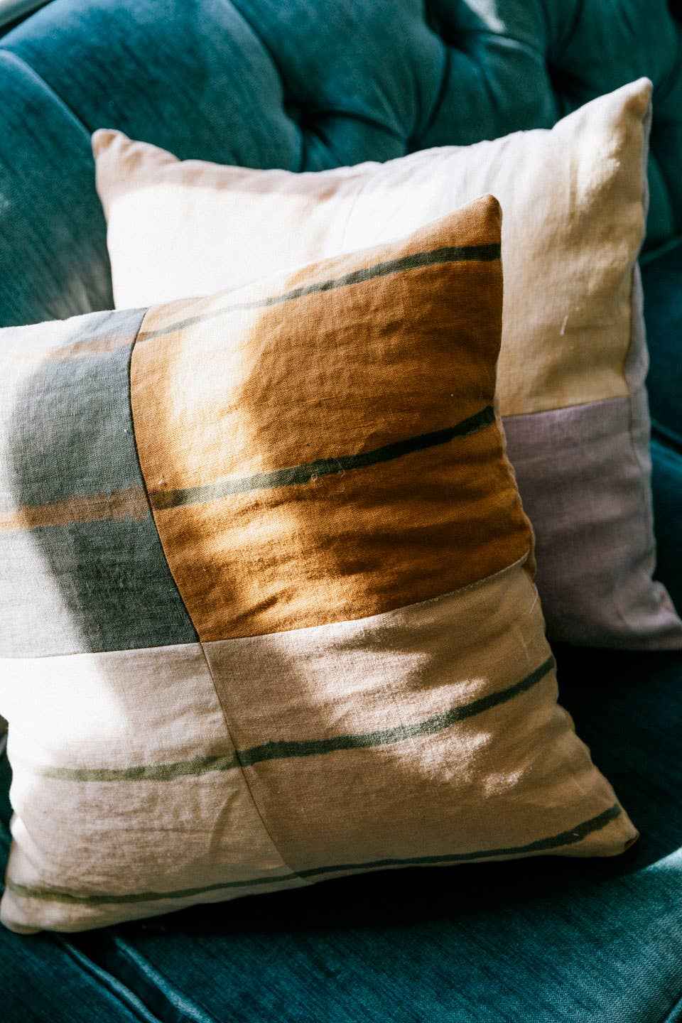 Agnes painted patchwork sham | plant dyed linen pillow