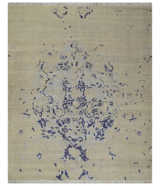 8x10 Beige, Blue and Silver Antique Style, Abstract Hand Knotted Low pile Wool Area Rug