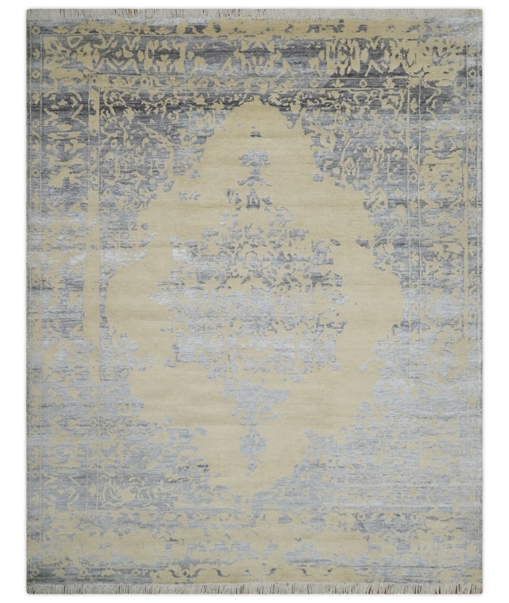 8x10 Beige, Charcoal and Silver Traditional Medallion Hand Knotted Wool and Bamboo Silk Area Rug - Arte House