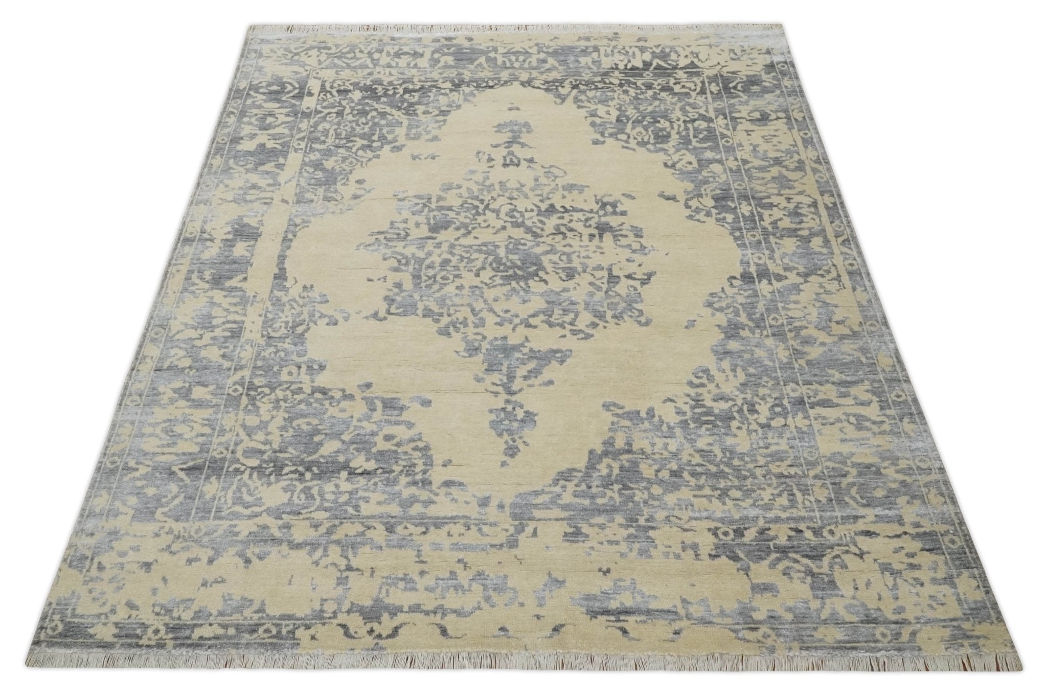 8x10 Beige, Charcoal and Silver Traditional Medallion Hand Knotted Wool and Bamboo Silk Area Rug - Arte House
