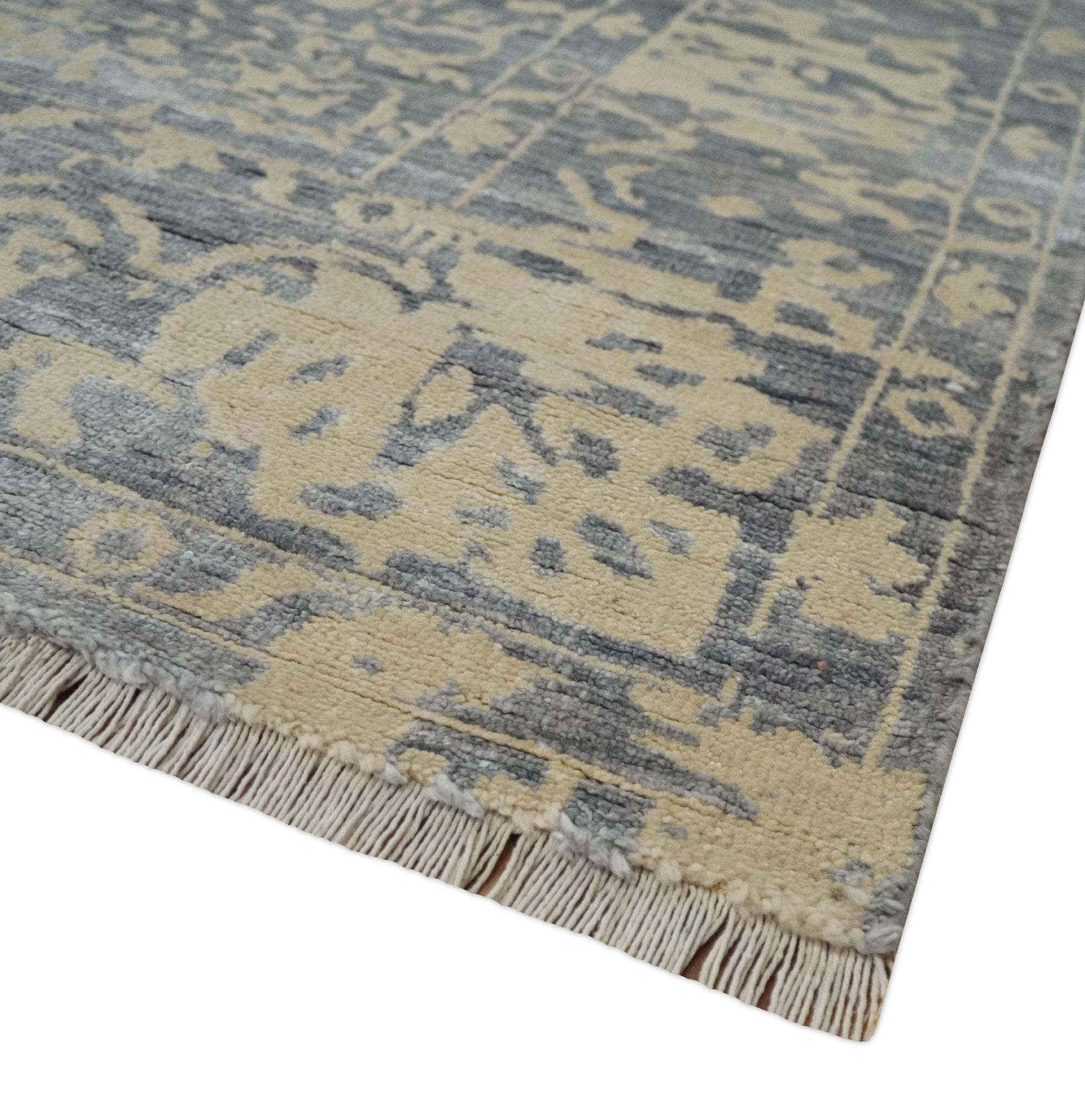8x10 Beige, Charcoal and Silver Traditional Medallion Hand Knotted Wool and Bamboo Silk Area Rug - Arte House