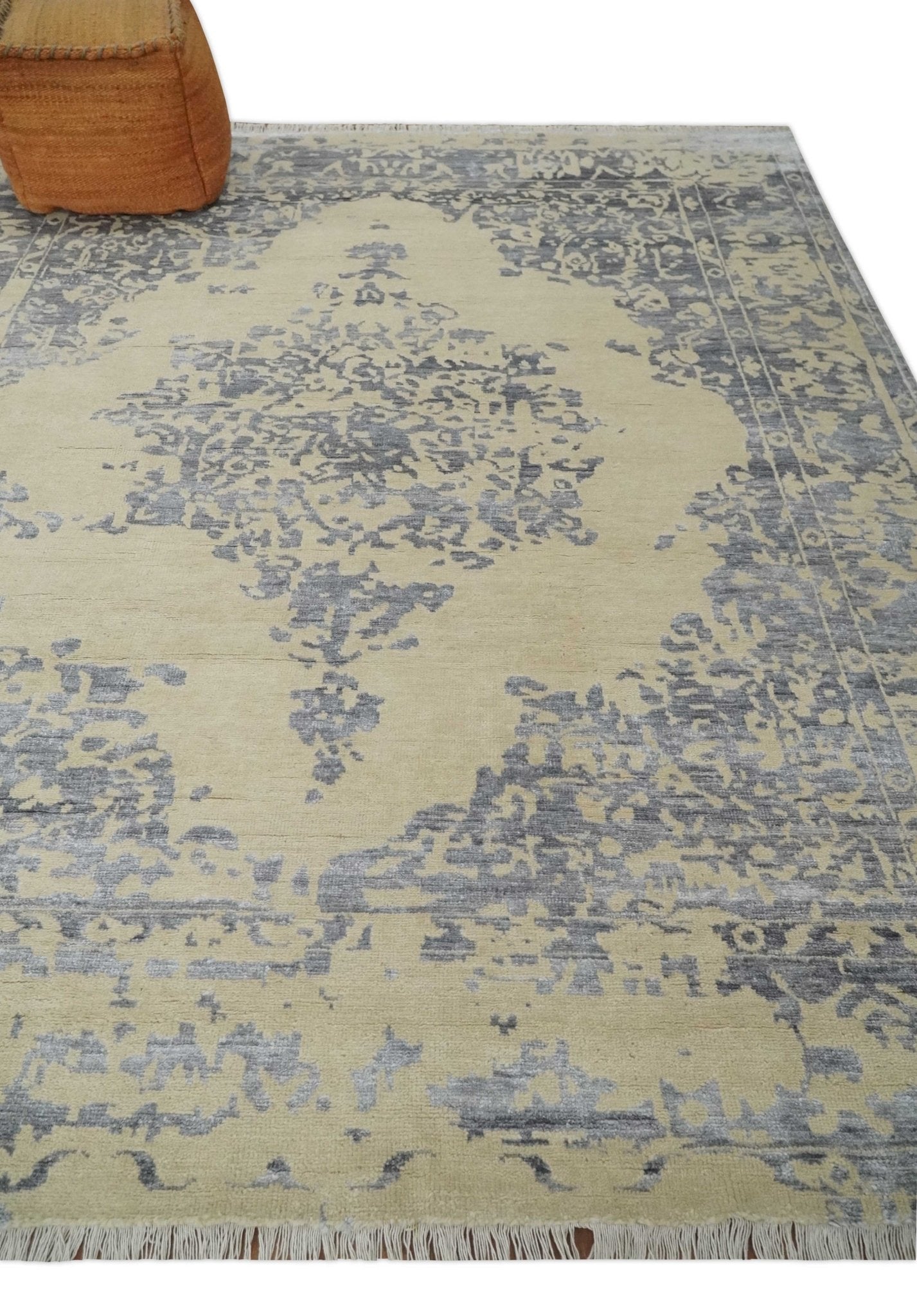 8x10 Beige, Charcoal and Silver Traditional Medallion Hand Knotted Wool and Bamboo Silk Area Rug - Arte House