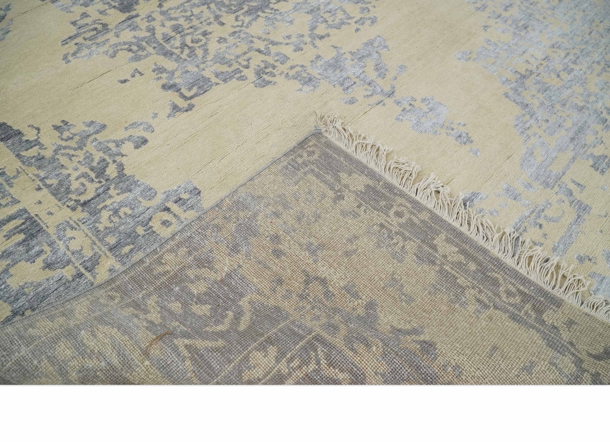 8x10 Beige, Charcoal and Silver Traditional Medallion Hand Knotted Wool and Bamboo Silk Area Rug - Arte House