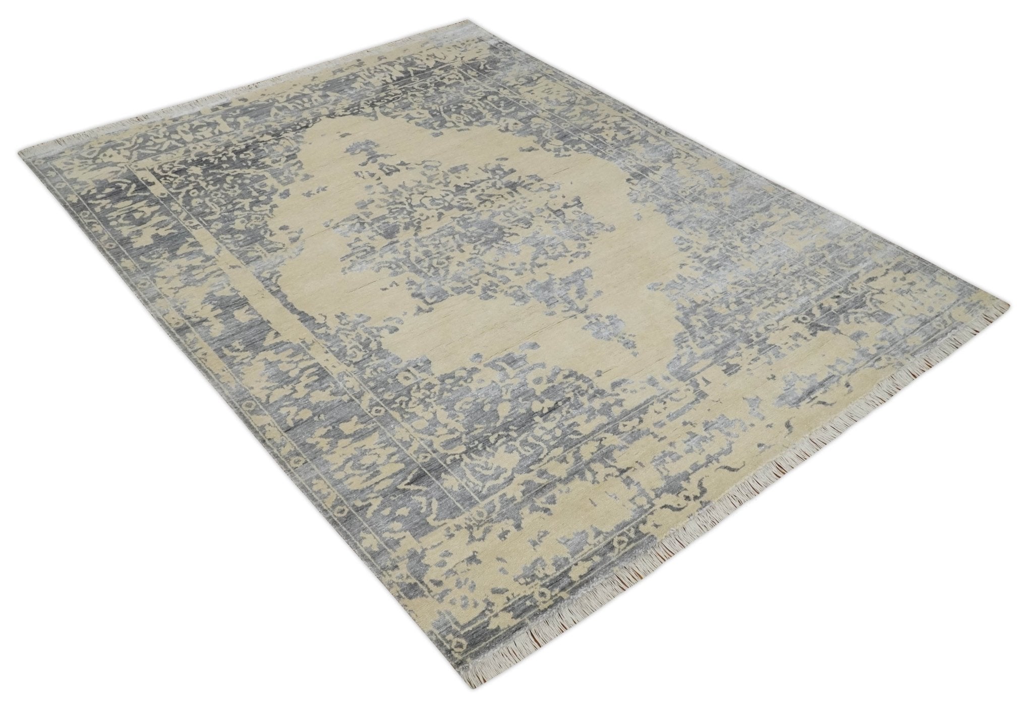 8x10 Beige, Charcoal and Silver Traditional Medallion Hand Knotted Wool and Bamboo Silk Area Rug - Arte House