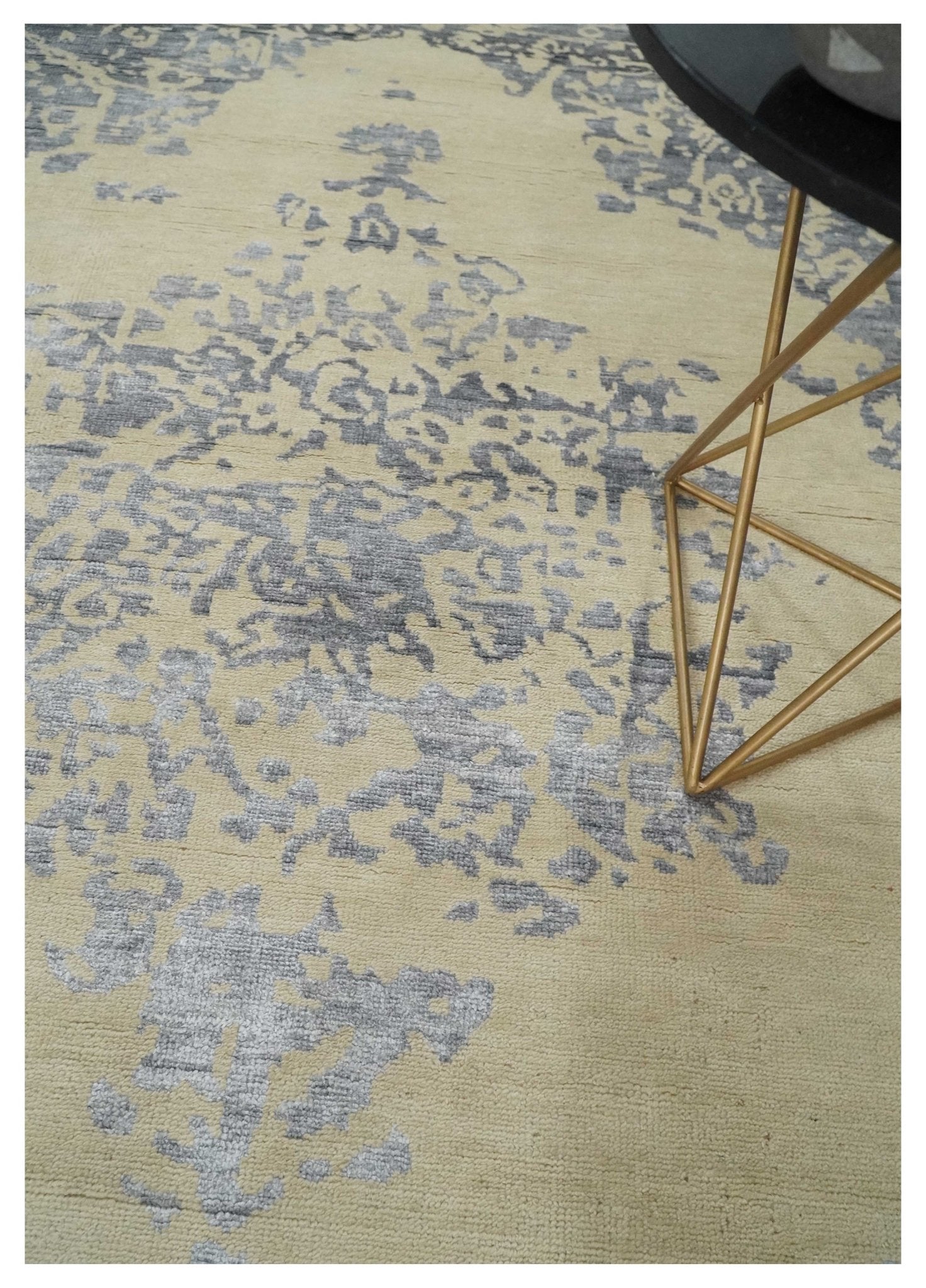 8x10 Beige, Charcoal and Silver Traditional Medallion Hand Knotted Wool and Bamboo Silk Area Rug - Arte House