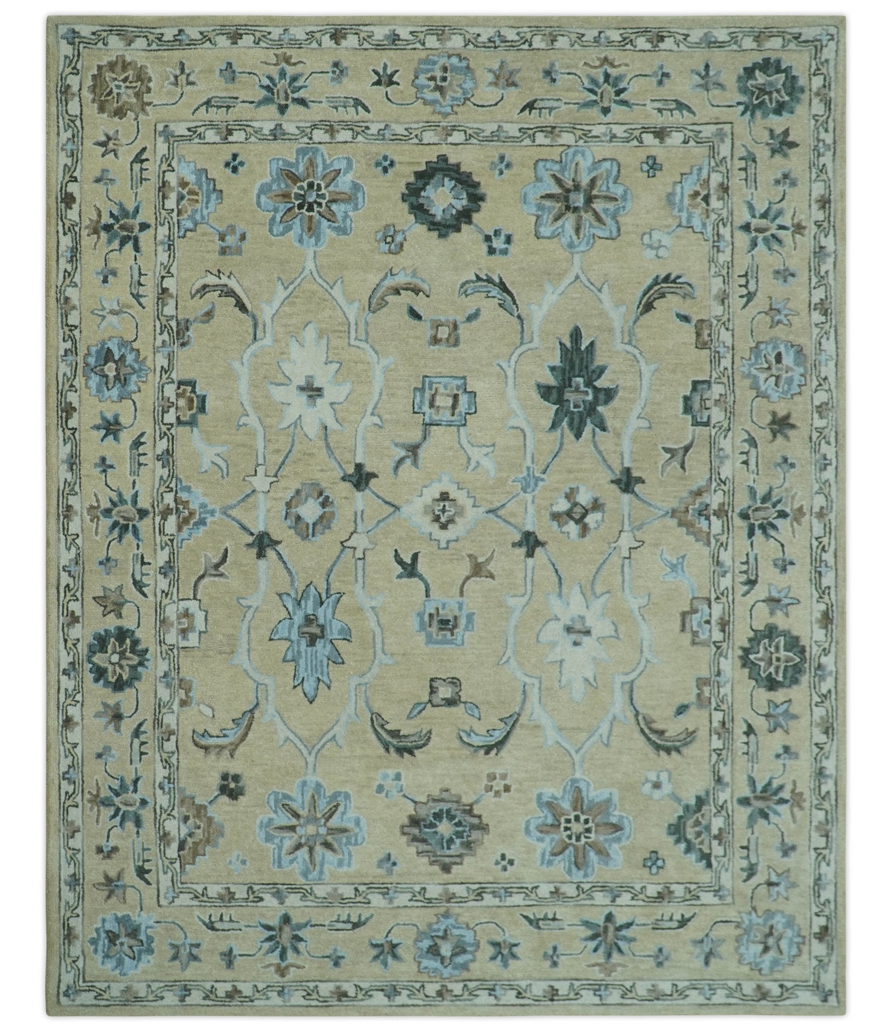 8x10 Beige, Ivory and Blue Hand Tufted Floral Oriental Oushak wool area rug