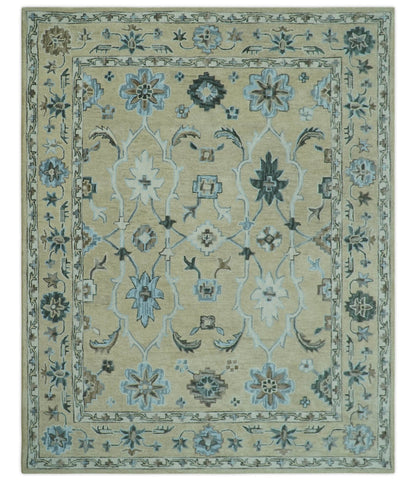 8x10 Beige, Ivory and Blue Hand Tufted Floral Oriental Oushak wool area rug