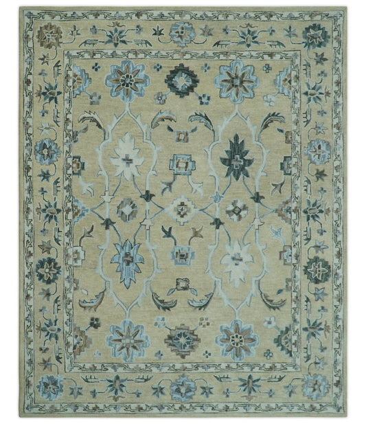 8x10 Beige, Ivory and Blue Hand Tufted Floral Oriental Oushak wool area rug