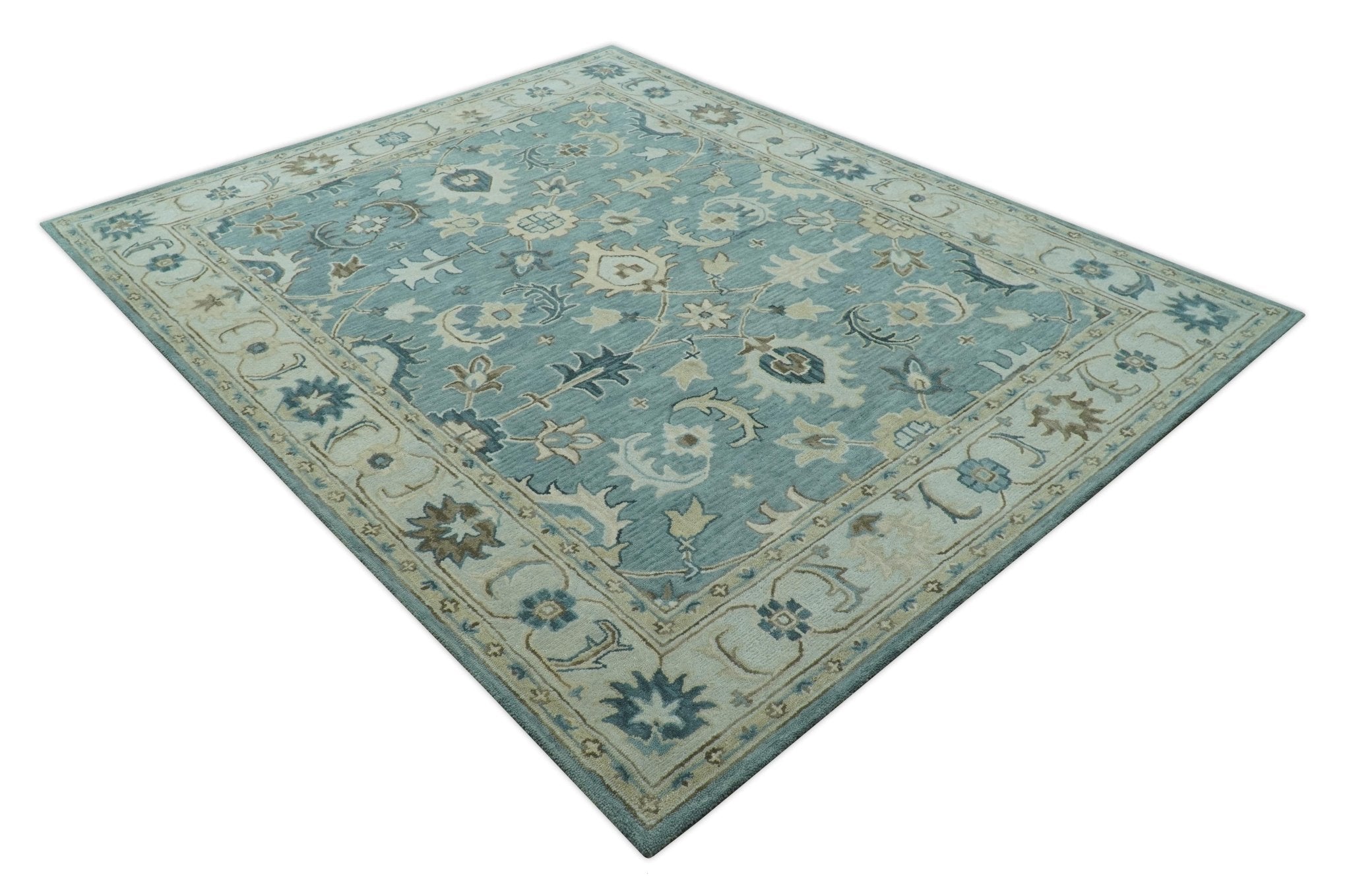 8x10 Blue, Ivory and Beige Hand Tufted Oriental Oushak wool area rug - Arte House