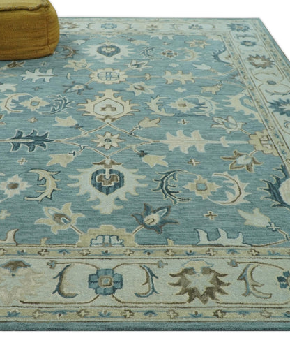 8x10 Blue, Ivory and Beige Hand Tufted Oriental Oushak wool area rug