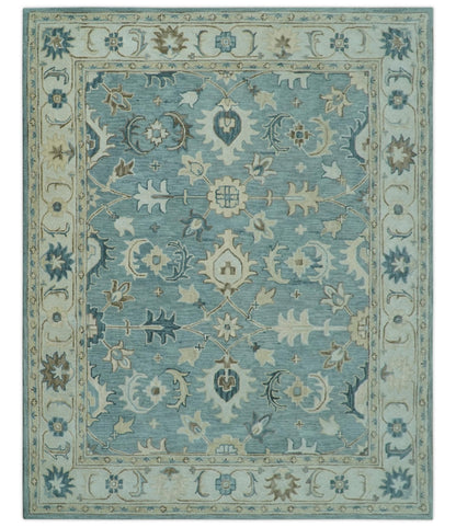 8x10 Blue, Ivory and Beige Hand Tufted Oriental Oushak wool area rug