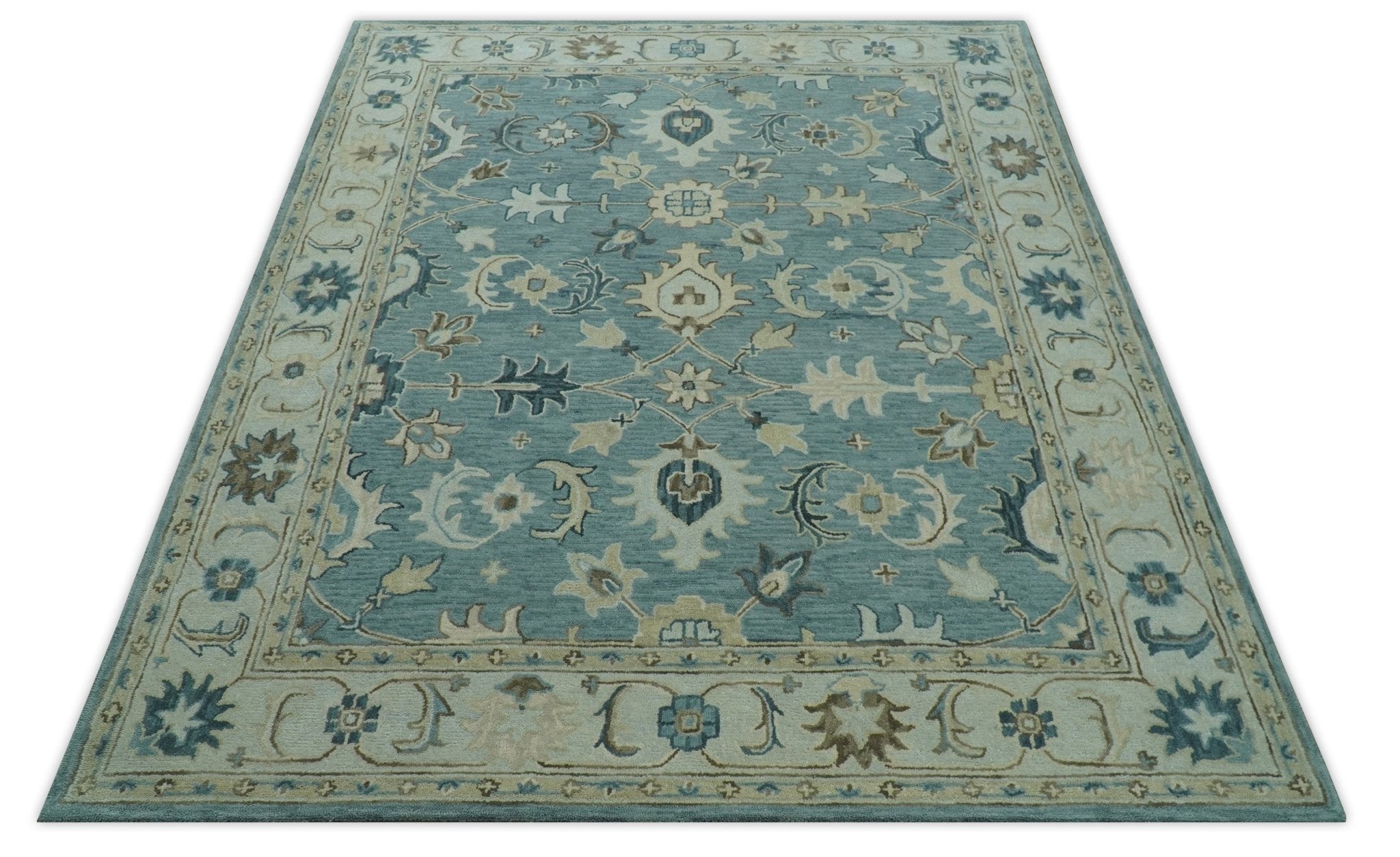 8x10 Blue, Ivory and Beige Hand Tufted Oriental Oushak wool area rug - Arte House