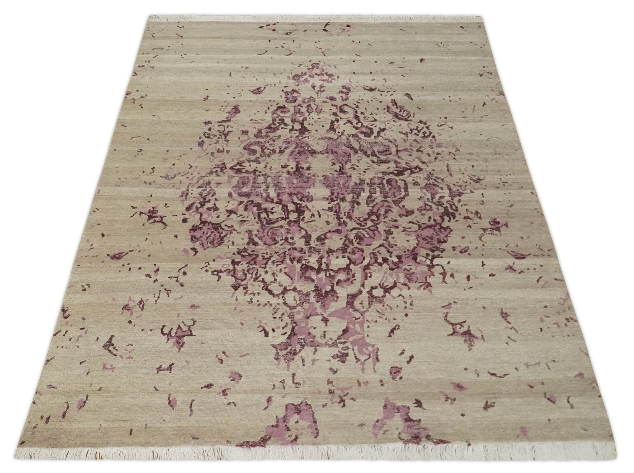 8x10 Camel and Purple Antique Style, Abstract Hand Knotted Low pile Wool Area Rug - Arte House