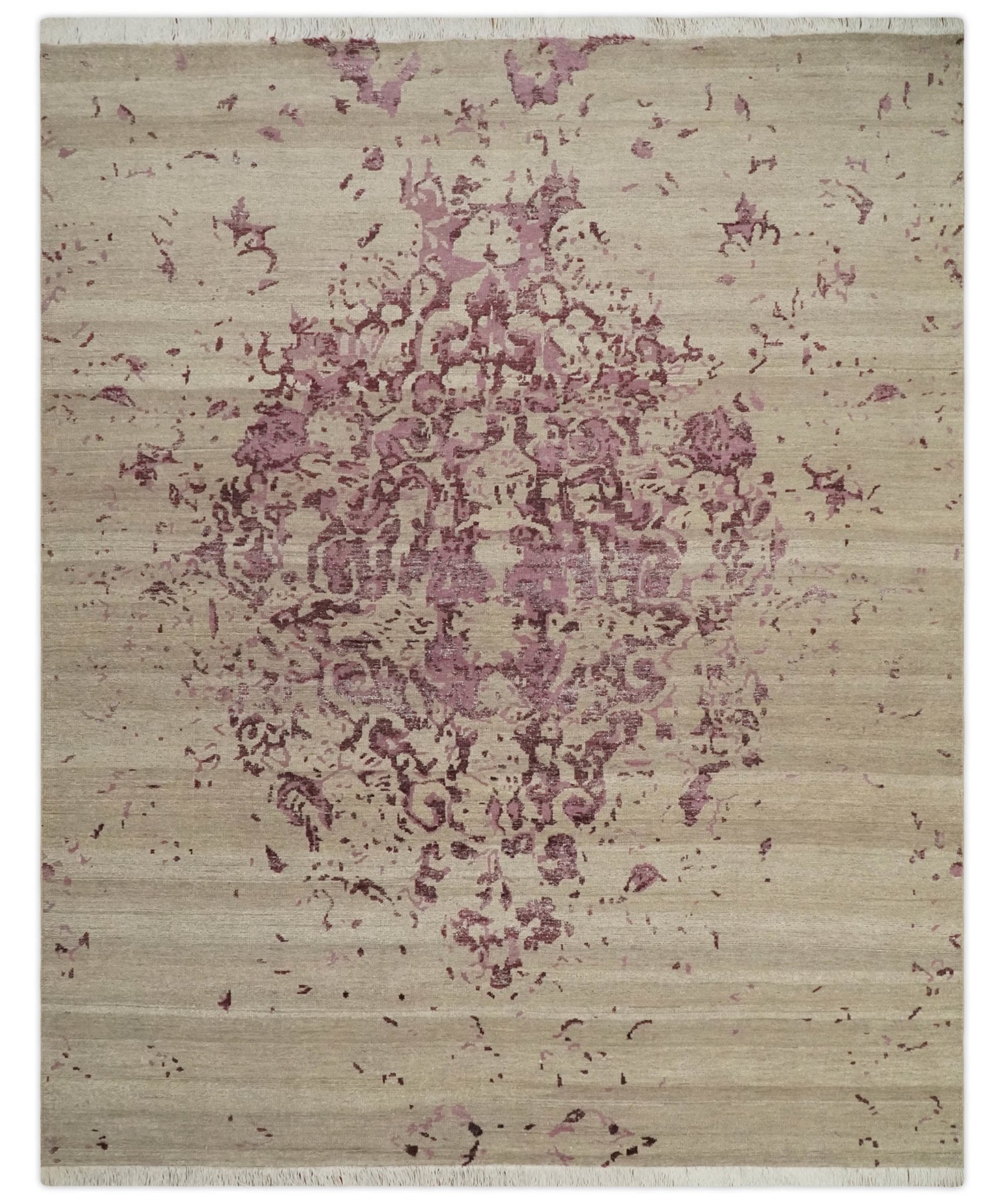 8x10 Camel and Purple Antique Style, Abstract Hand Knotted Low pile Wool Area Rug - Arte House