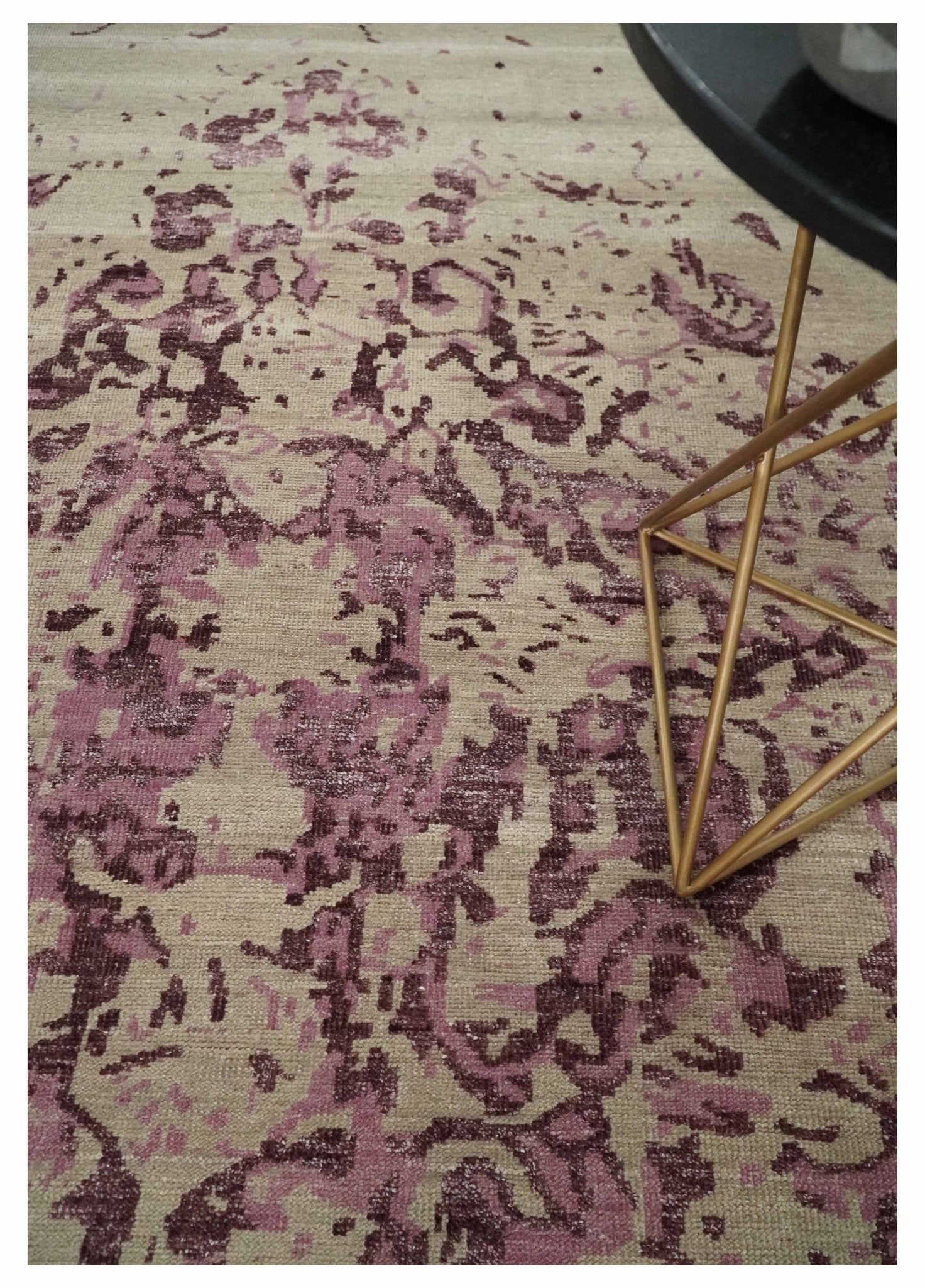 8x10 Camel and Purple Antique Style, Abstract Hand Knotted Low pile Wool Area Rug - Arte House