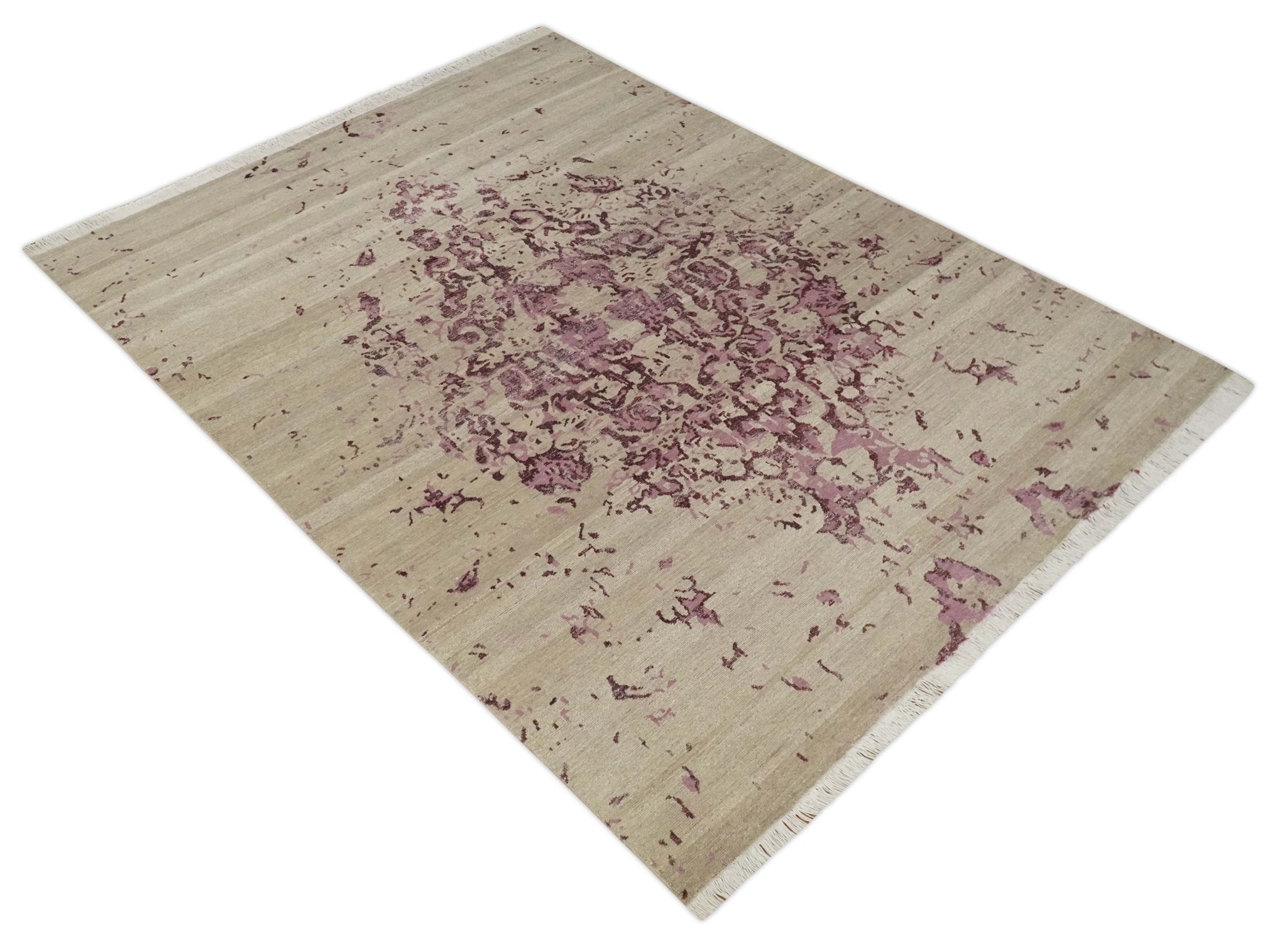 8x10 Camel and Purple Antique Style, Abstract Hand Knotted Low pile Wool Area Rug - Arte House