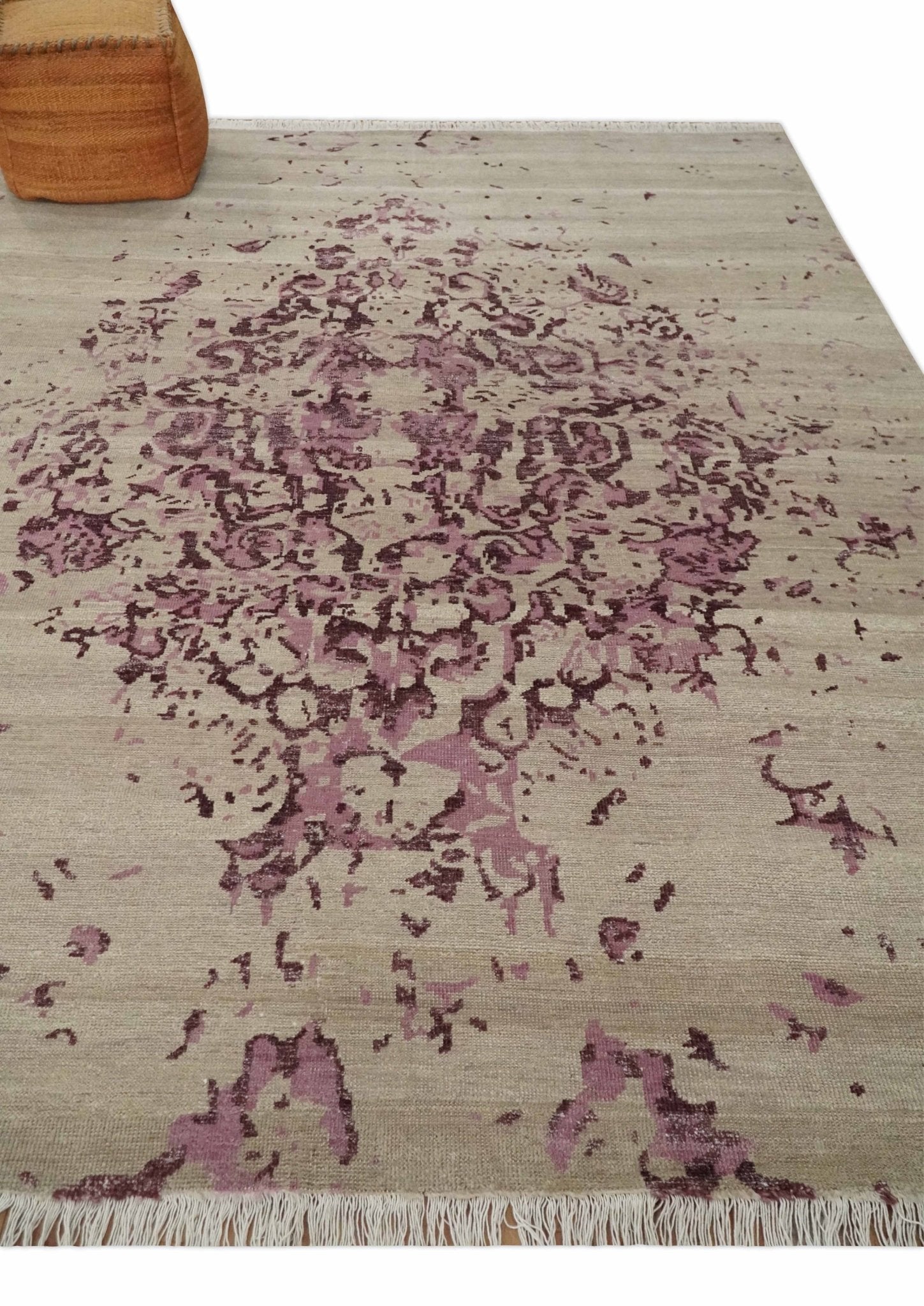 8x10 Camel and Purple Antique Style, Abstract Hand Knotted Low pile Wool Area Rug - Arte House
