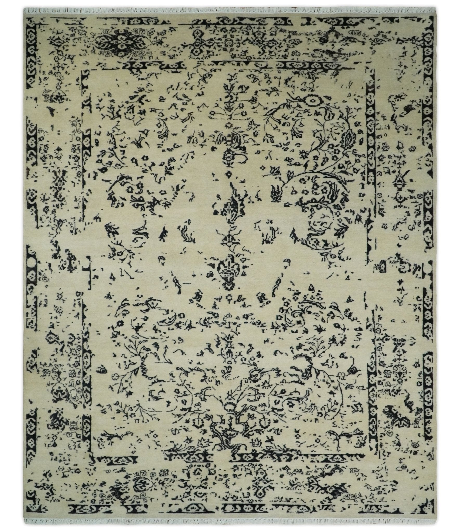 8x10 Fine Hand Knotted Beige and Black Traditional Vintage Persian Antique Wool Rug | AGR35 - Arte House