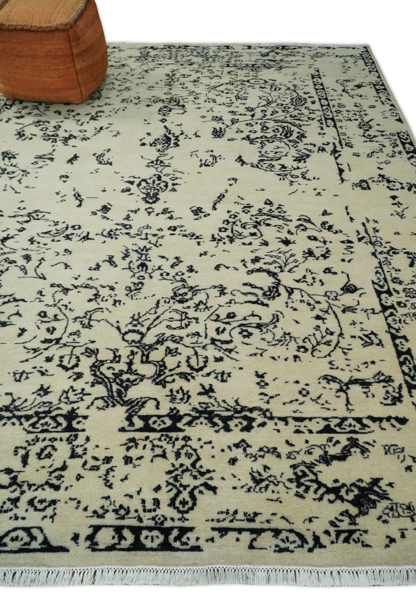 8x10 Fine Hand Knotted Beige and Black Traditional Vintage Persian Antique Wool Rug | AGR35 - Arte House