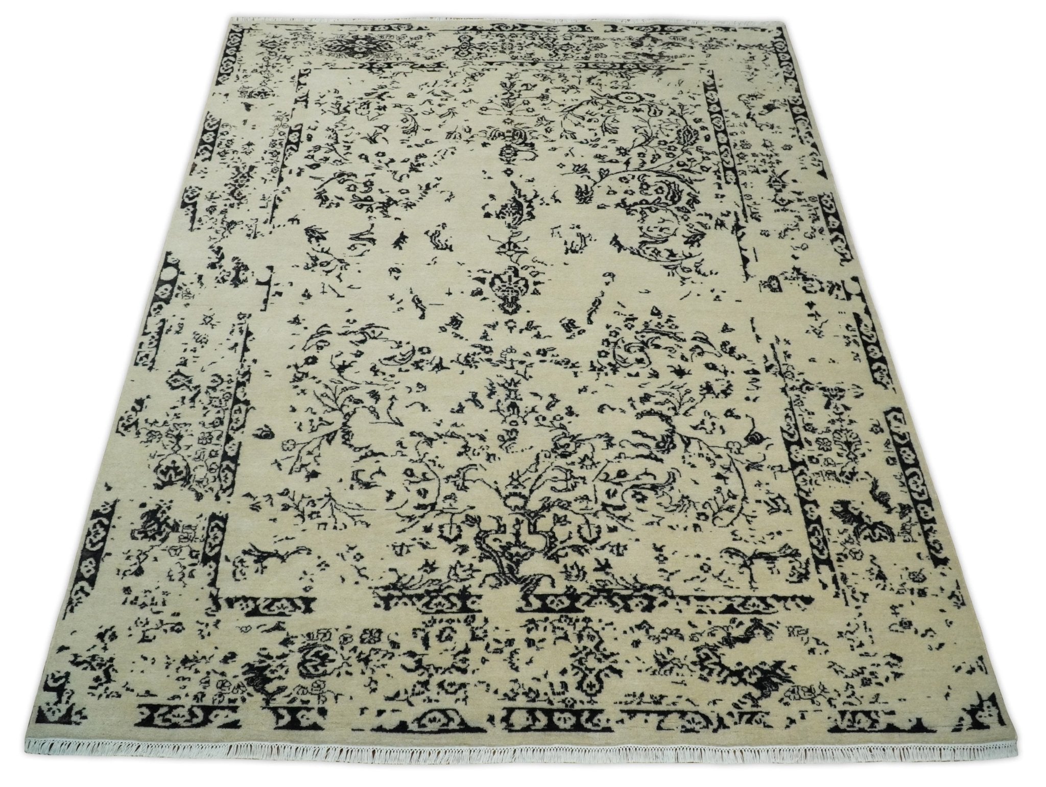 8x10 Fine Hand Knotted Beige and Black Traditional Vintage Persian Antique Wool Rug | AGR35 - Arte House