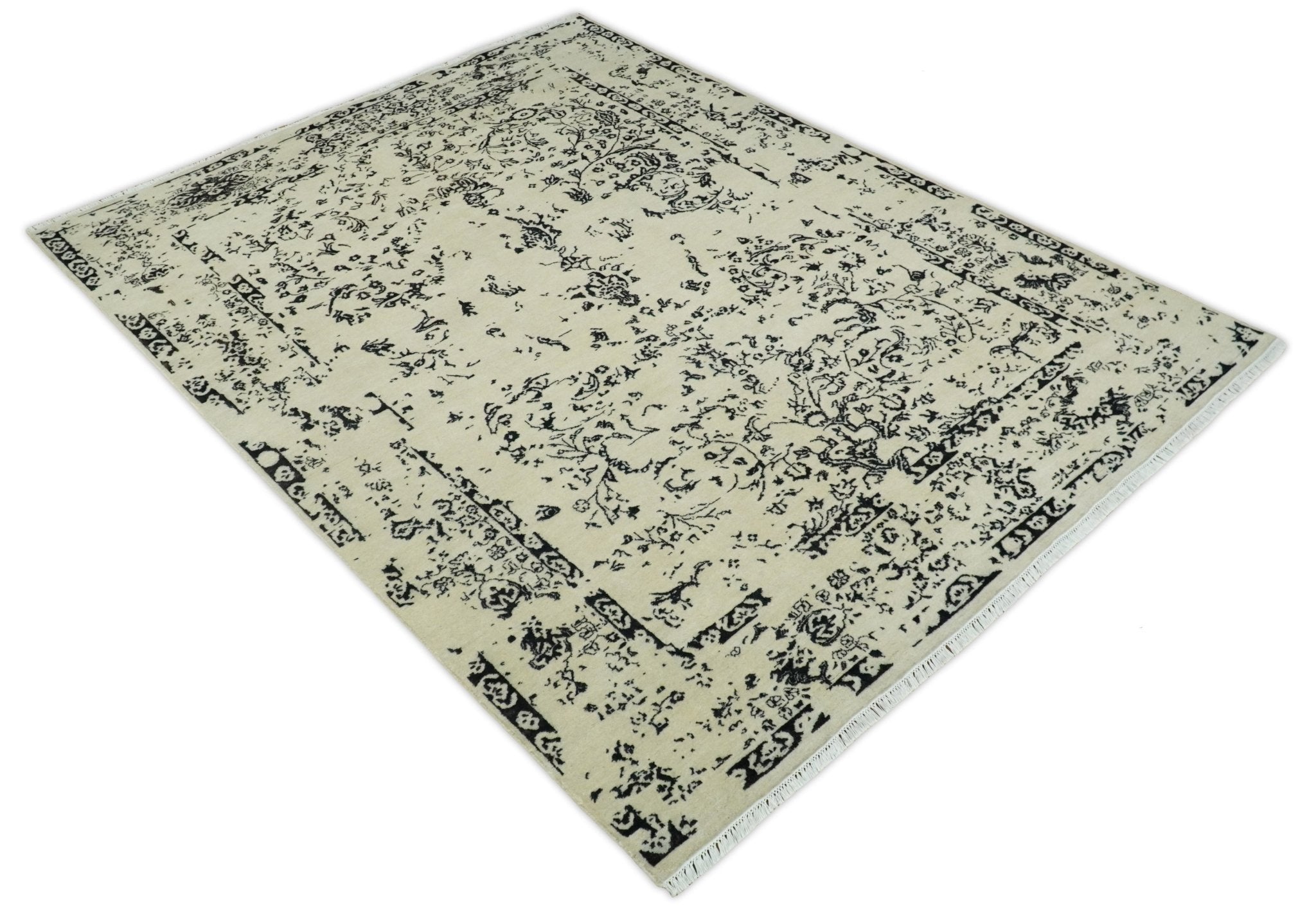 8x10 Fine Hand Knotted Beige and Black Traditional Vintage Persian Antique Wool Rug | AGR35 - Arte House