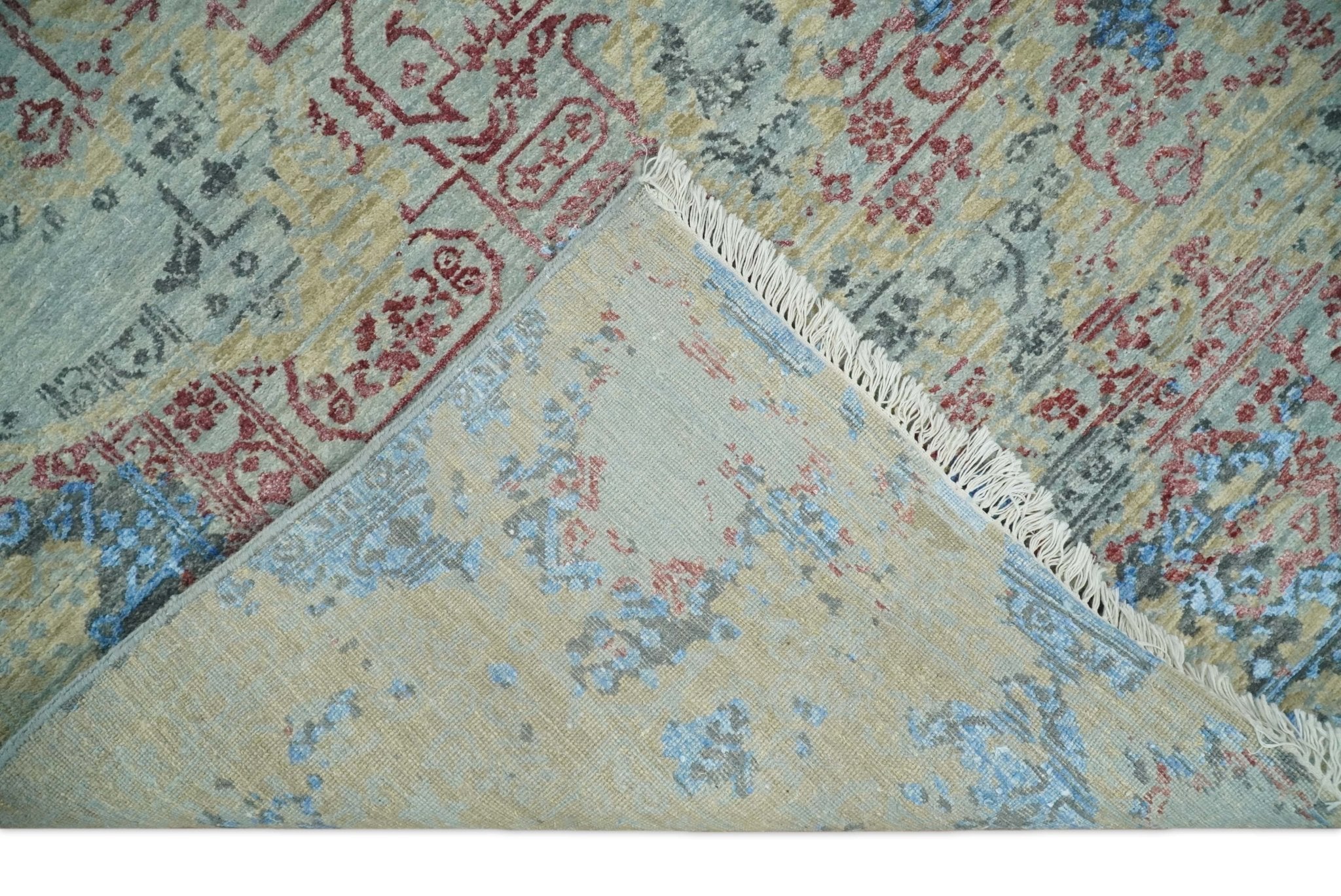 8x10 Fine Hand Knotted Beige and Blue Modern Abstract Style Antique Wool and Silk Area Rug | AGR37 - Arte House