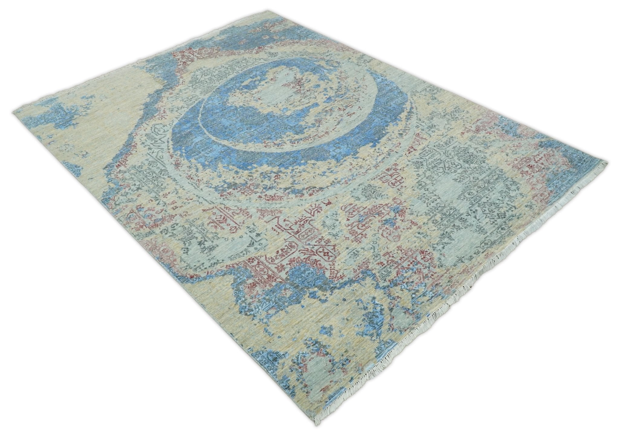 8x10 Fine Hand Knotted Beige and Blue Modern Abstract Style Antique Wool and Silk Area Rug | AGR37 - Arte House