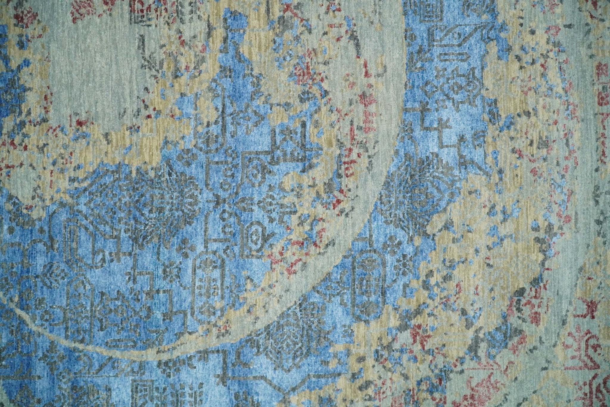 8x10 Fine Hand Knotted Beige and Blue Modern Abstract Style Antique Wool and Silk Area Rug | AGR37 - Arte House