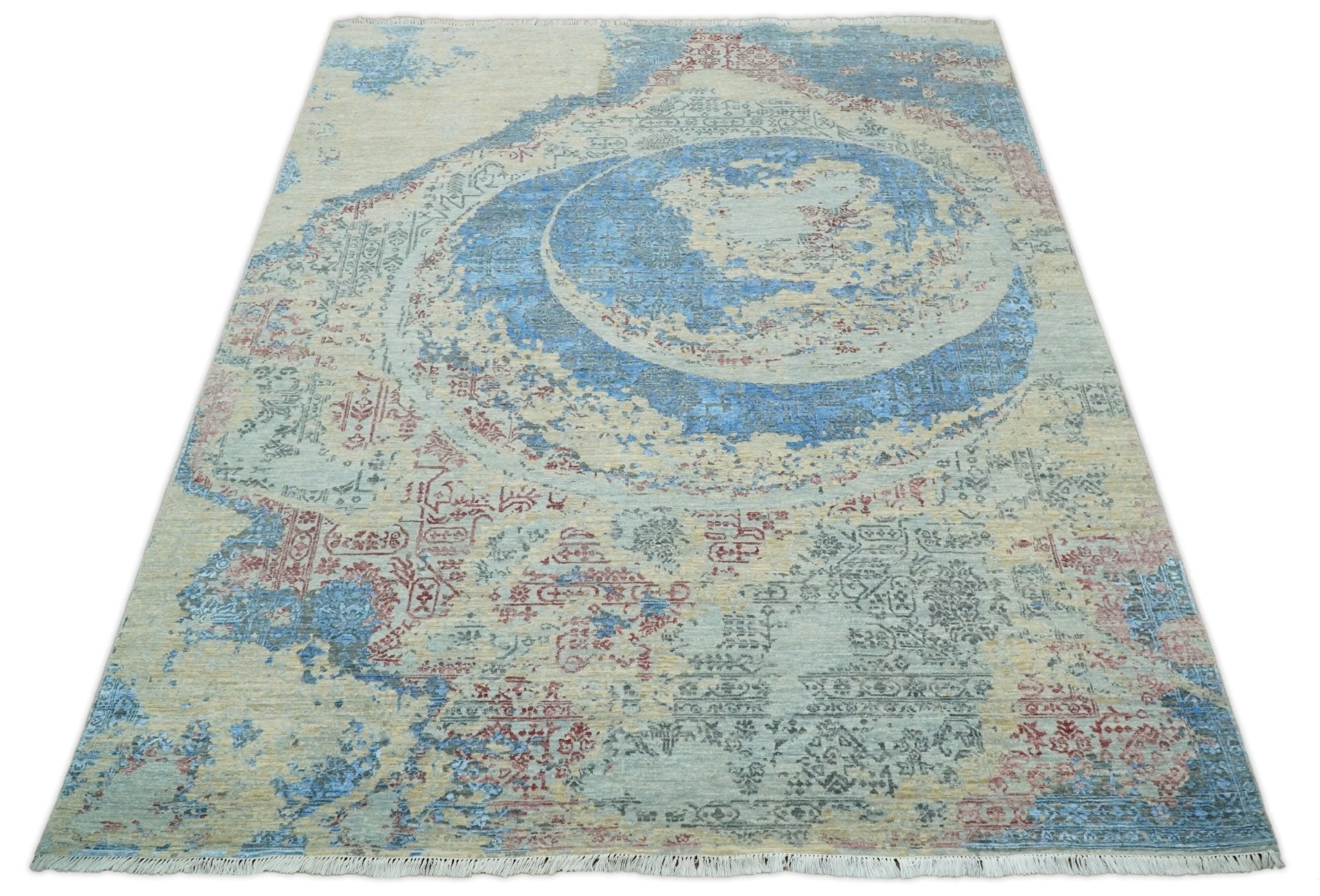 8x10 Fine Hand Knotted Beige and Blue Modern Abstract Style Antique Wool and Silk Area Rug | AGR37 - Arte House