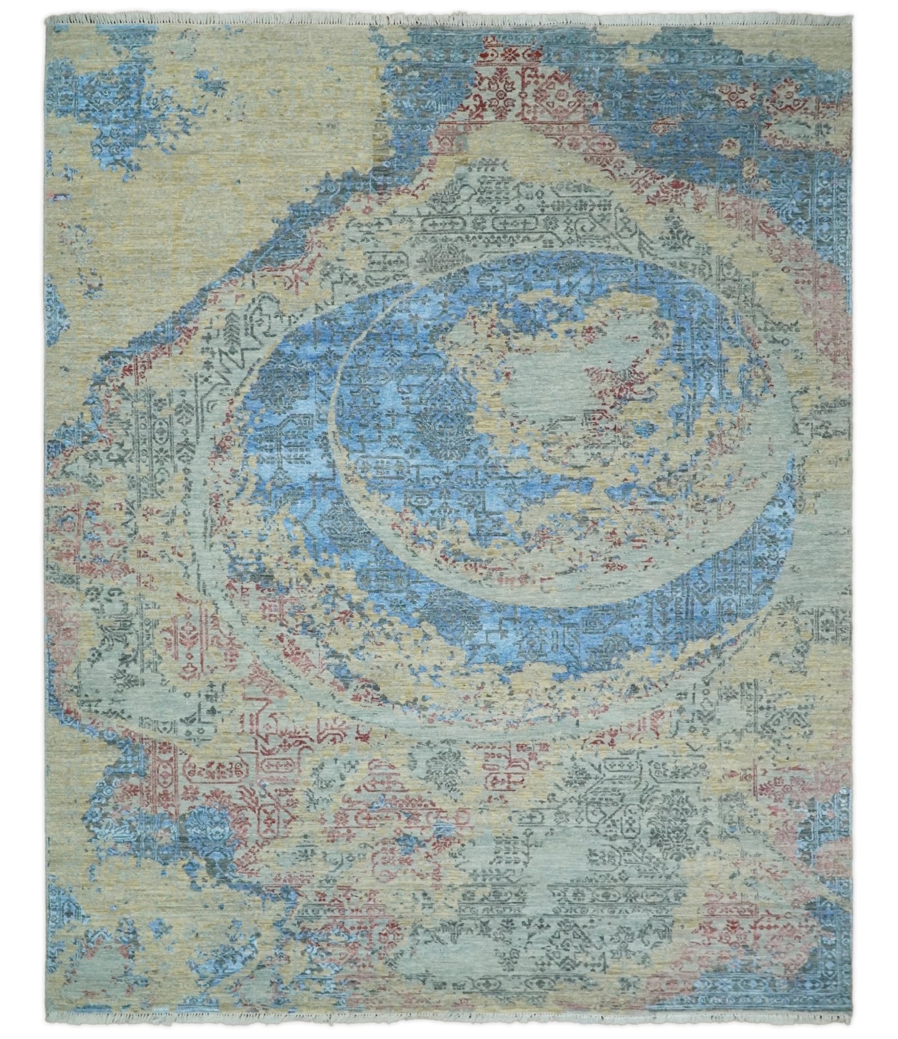 8x10 Fine Hand Knotted Beige and Blue Modern Abstract Style Antique Wool and Silk Area Rug | AGR37 - Arte House