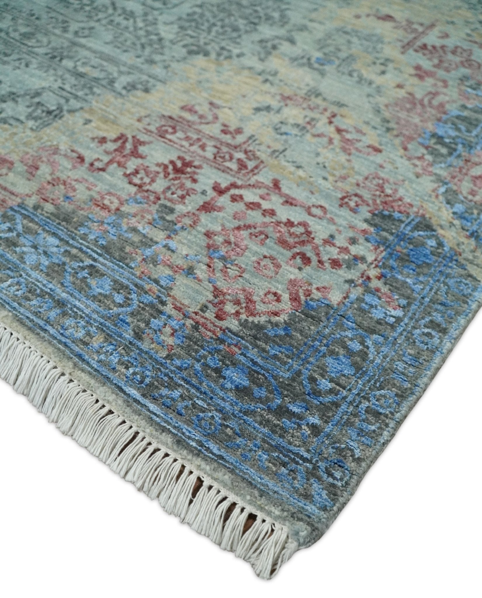 8x10 Fine Hand Knotted Beige and Blue Modern Abstract Style Antique Wool and Silk Area Rug | AGR37 - Arte House