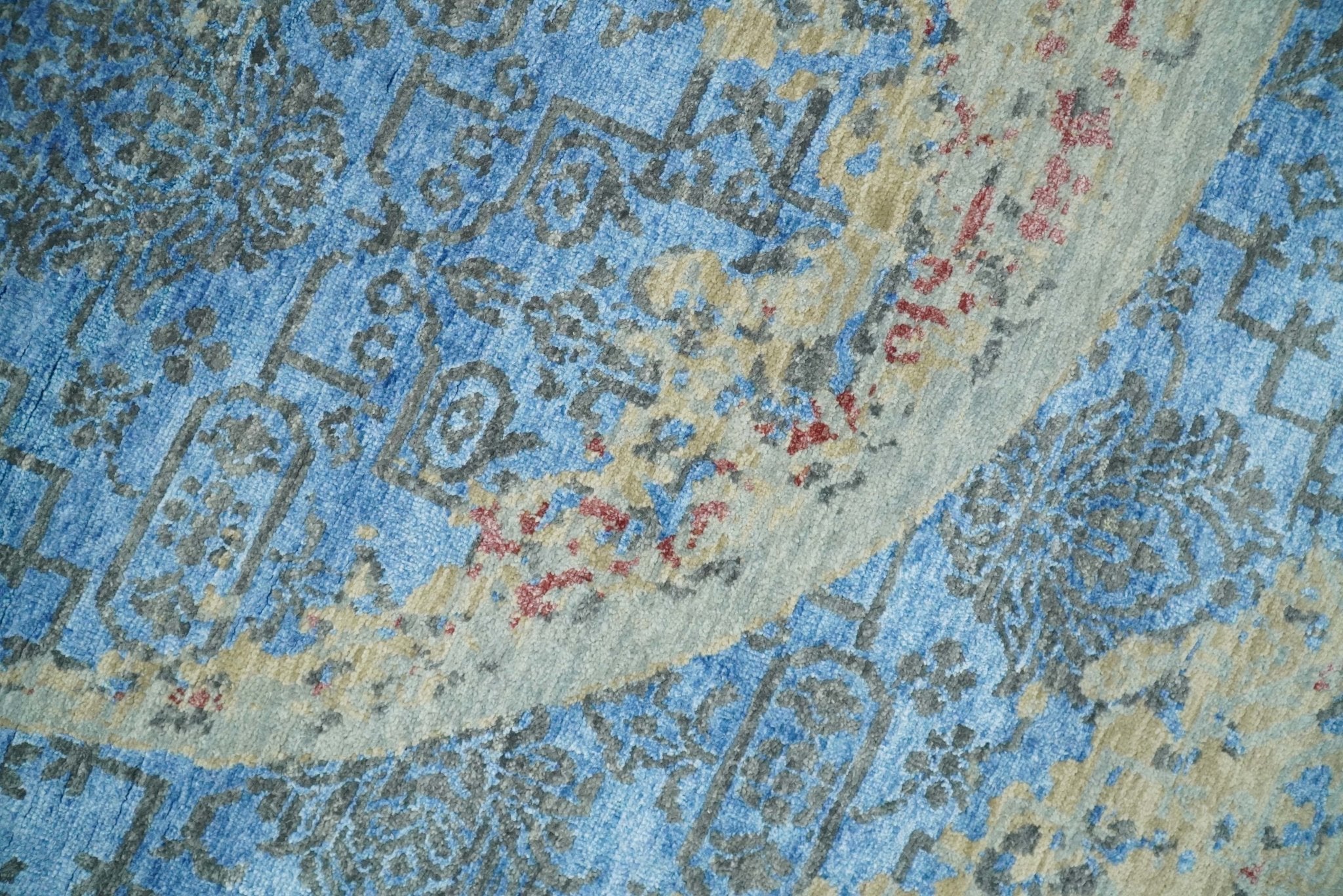 8x10 Fine Hand Knotted Beige and Blue Modern Abstract Style Antique Wool and Silk Area Rug | AGR37 - Arte House