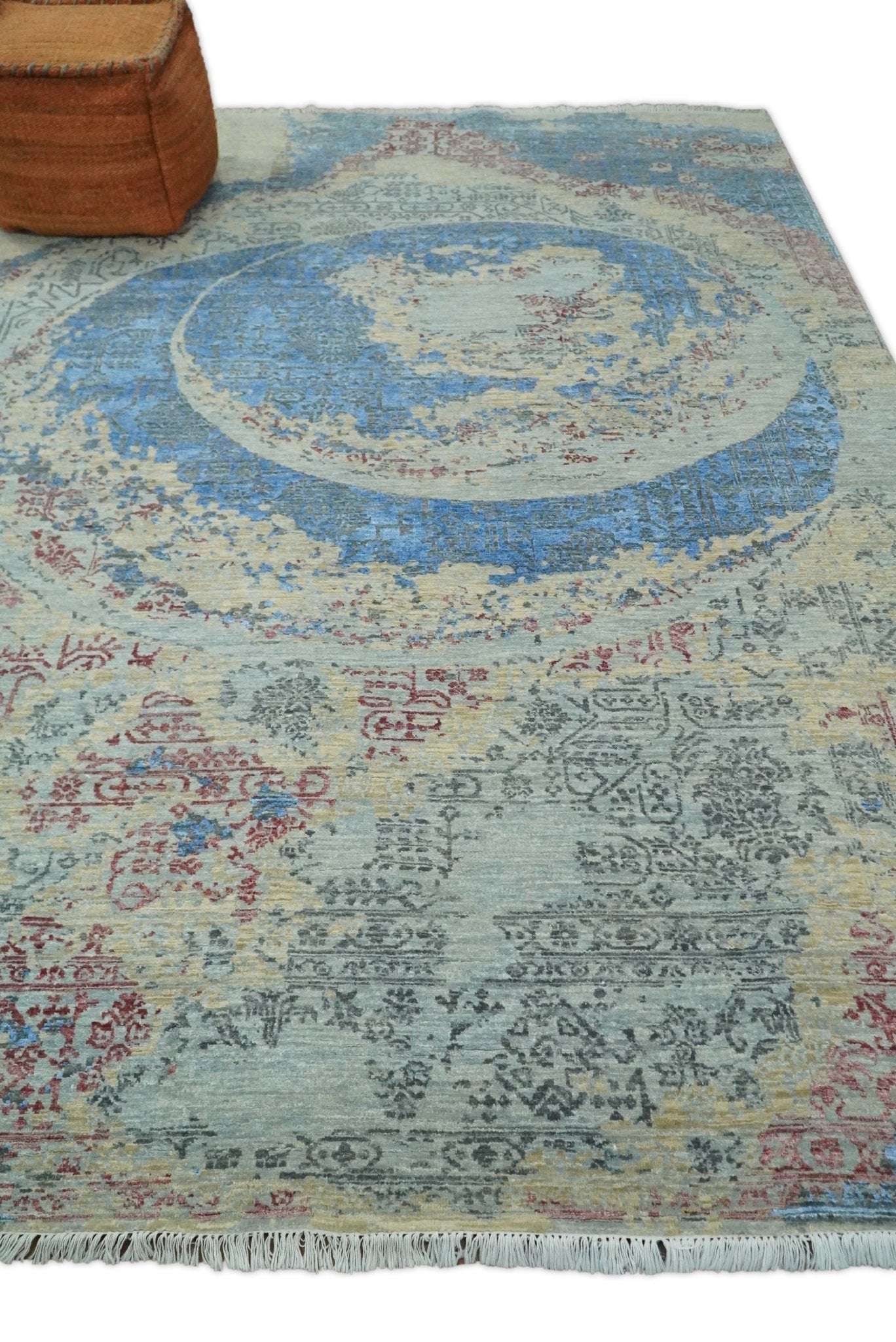 8x10 Fine Hand Knotted Beige and Blue Modern Abstract Style Antique Wool and Silk Area Rug | AGR37 - Arte House
