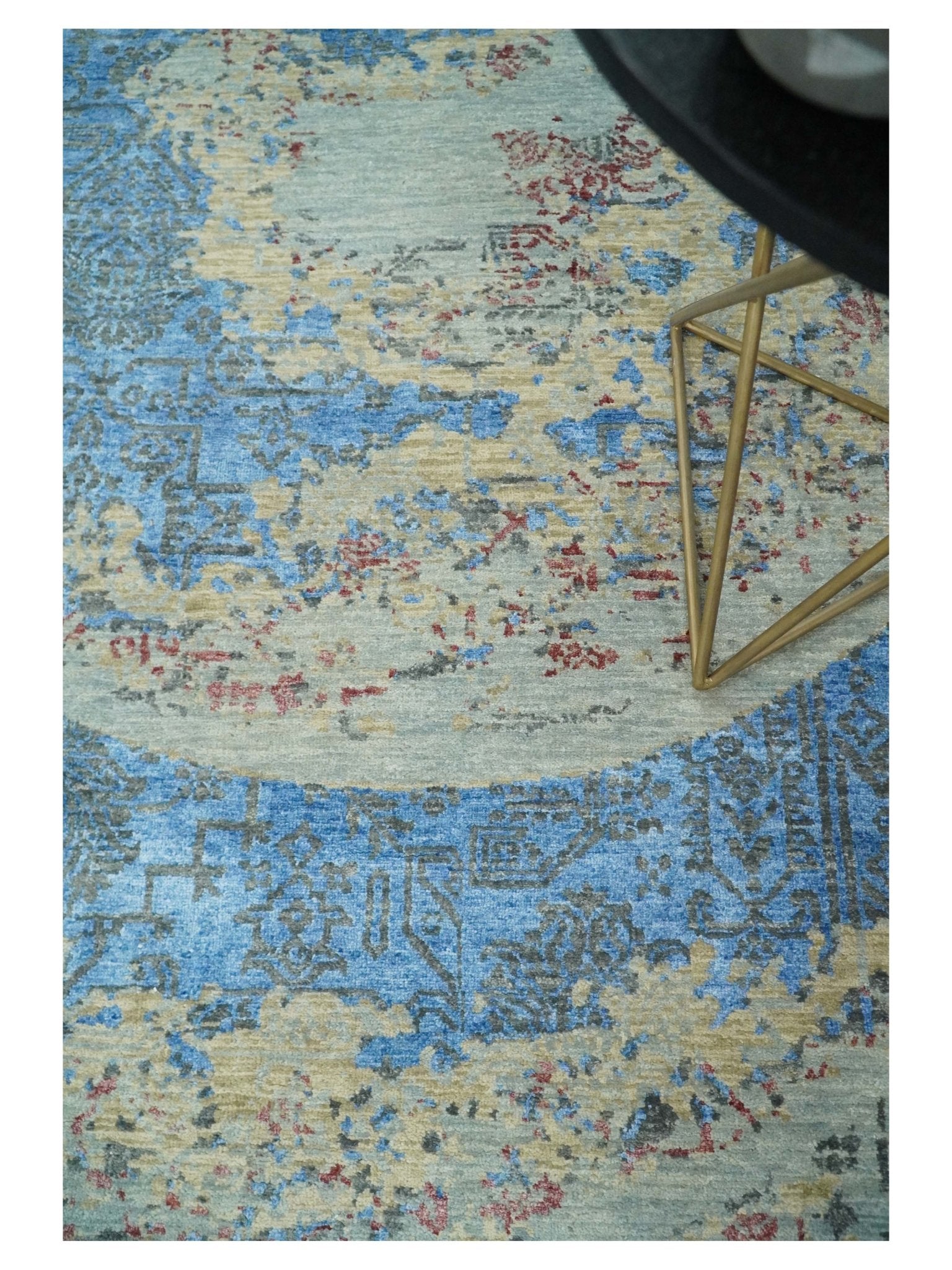 8x10 Fine Hand Knotted Beige and Blue Modern Abstract Style Antique Wool and Silk Area Rug | AGR37 - Arte House