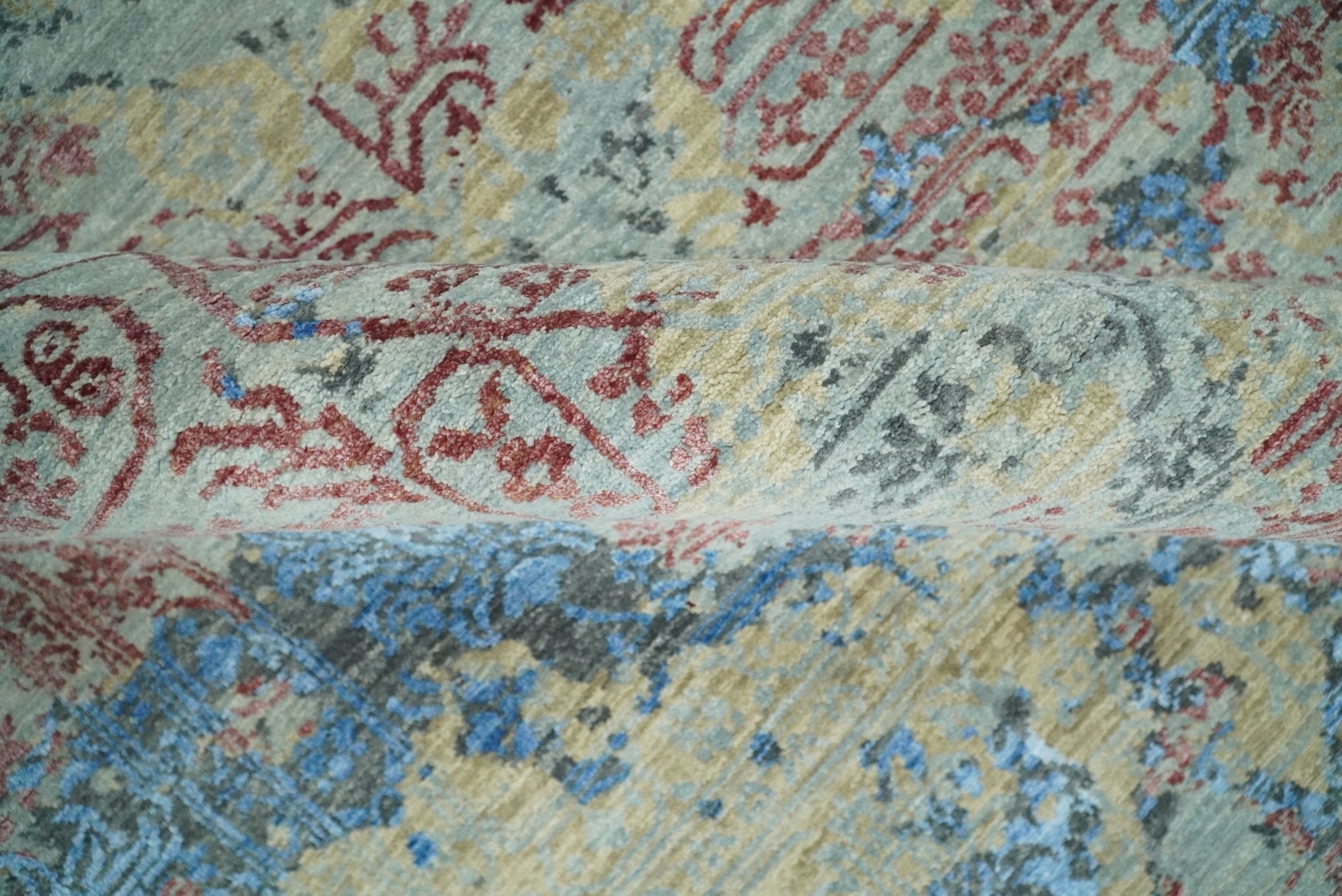 8x10 Fine Hand Knotted Beige and Blue Modern Abstract Style Antique Wool and Silk Area Rug | AGR37 - Arte House