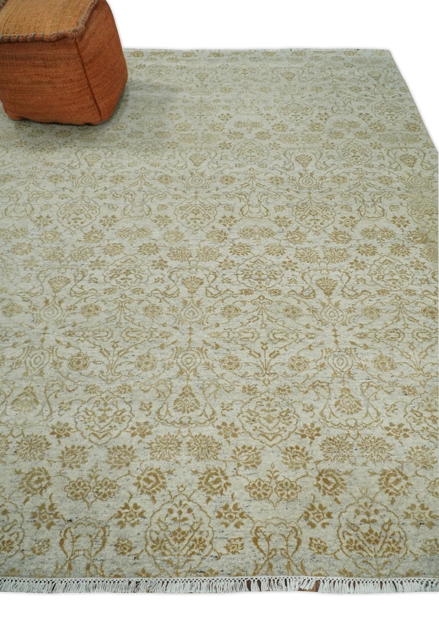 8x10 Fine Hand Knotted Beige and Gold Traditional Vintage Persian Style Antique Silk Rug | AGR21 - Arte House