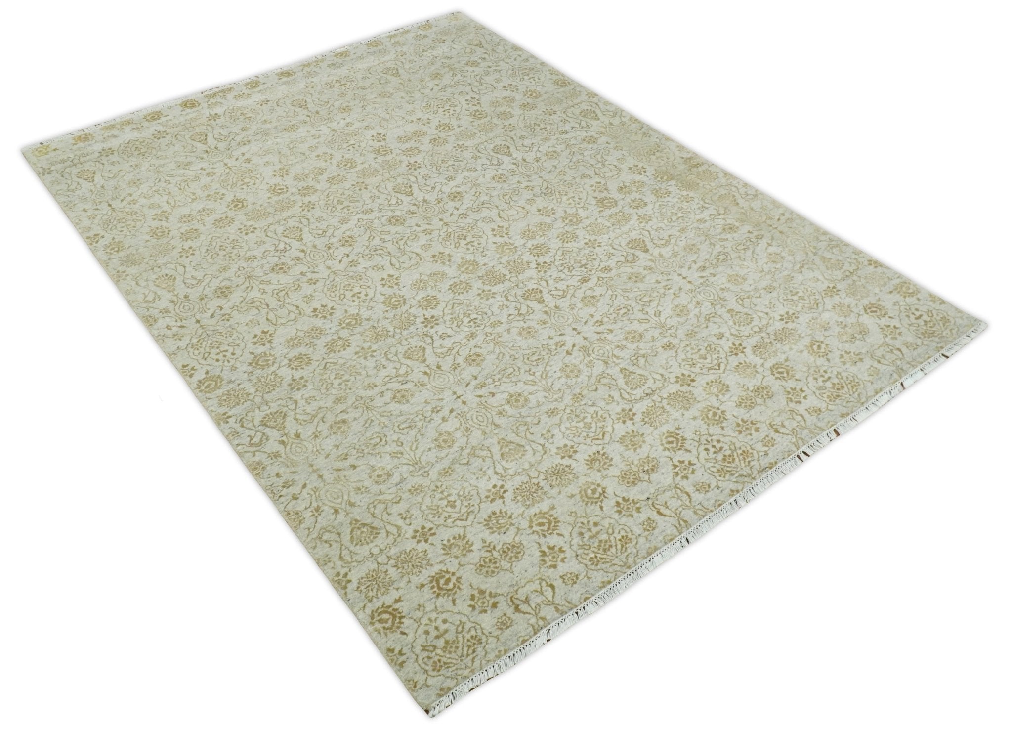 8x10 Fine Hand Knotted Beige and Gold Traditional Vintage Persian Style Antique Silk Rug | AGR21 - Arte House