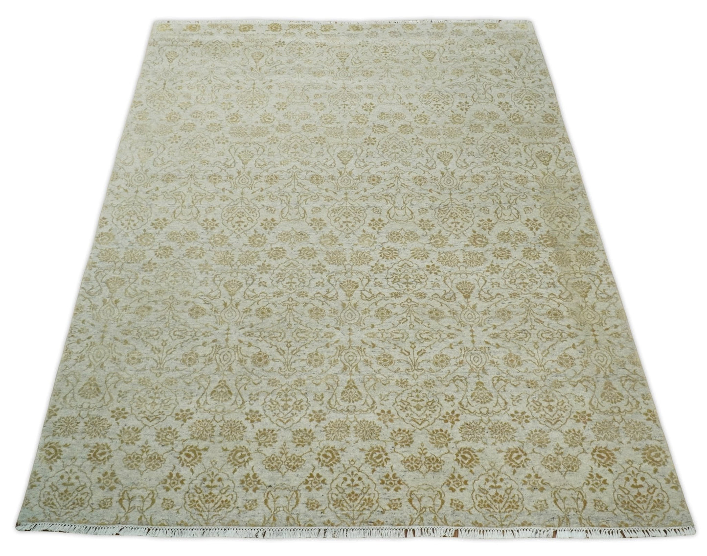 8x10 Fine Hand Knotted Beige and Gold Traditional Vintage Persian Style Antique Silk Rug | AGR21