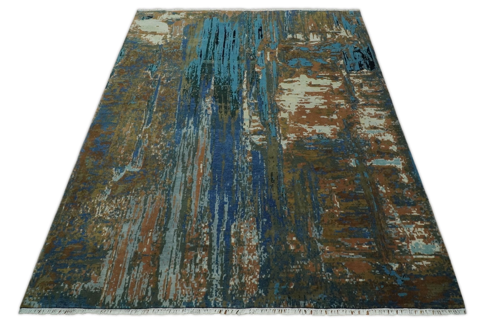 8x10 Fine Hand Knotted Blue and Brown Modern Abstract Wool Area Rug | AGR42 - Arte House