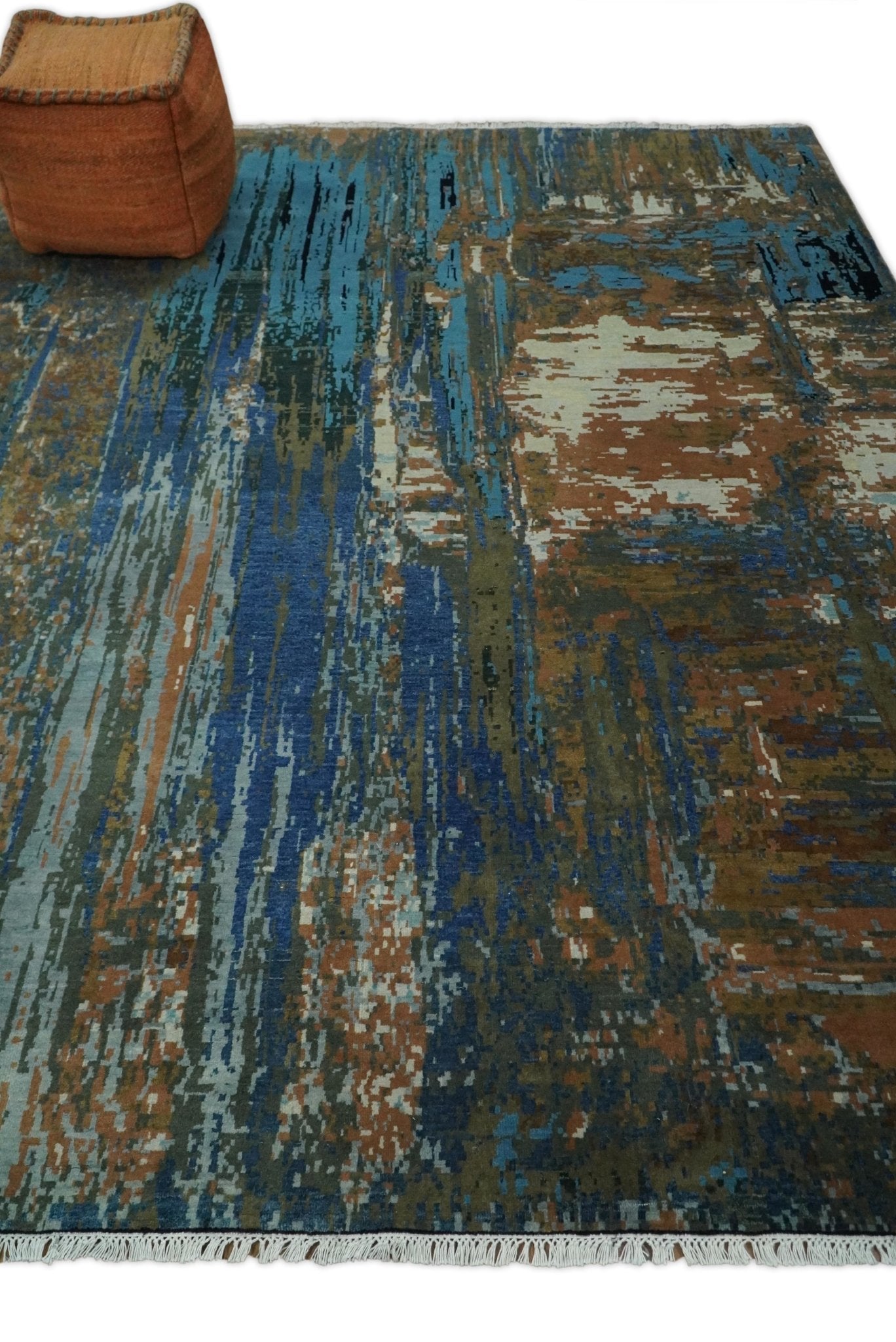8x10 Fine Hand Knotted Blue and Brown Modern Abstract Wool Area Rug | AGR42 - Arte House