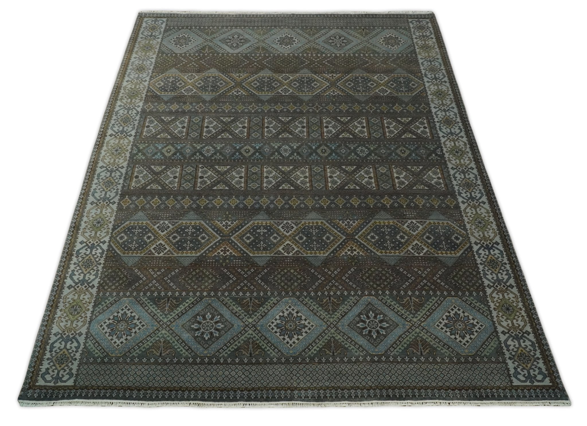 8x10 Fine Hand Knotted Brown and Blue Southwestern Traditional Antique Area Rug | AGR41 - Arte House