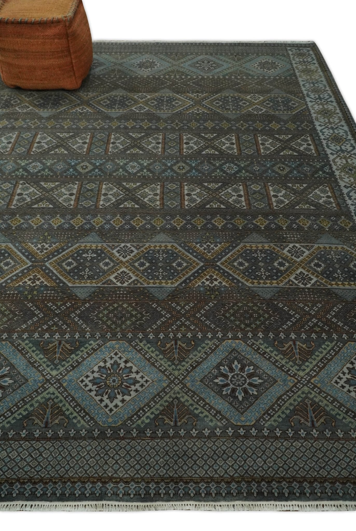 8x10 Fine Hand Knotted Brown and Blue Southwestern Traditional Antique Area Rug | AGR41 - Arte House