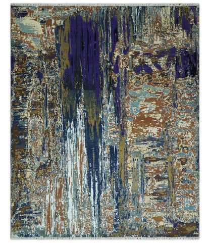 8x10 Fine Hand Knotted Brown Multicolor Modern Abstract Wool and Bamboo Silk Area Rug | AGR19