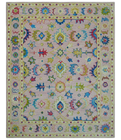 8x10 Vibrant Colorful Pink, Olive and Blue Oriental Oushak Hand Tufted area rug