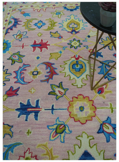 8x10 Vibrant Colorful Pink, Olive and Blue Oriental Oushak Hand Tufted area rug