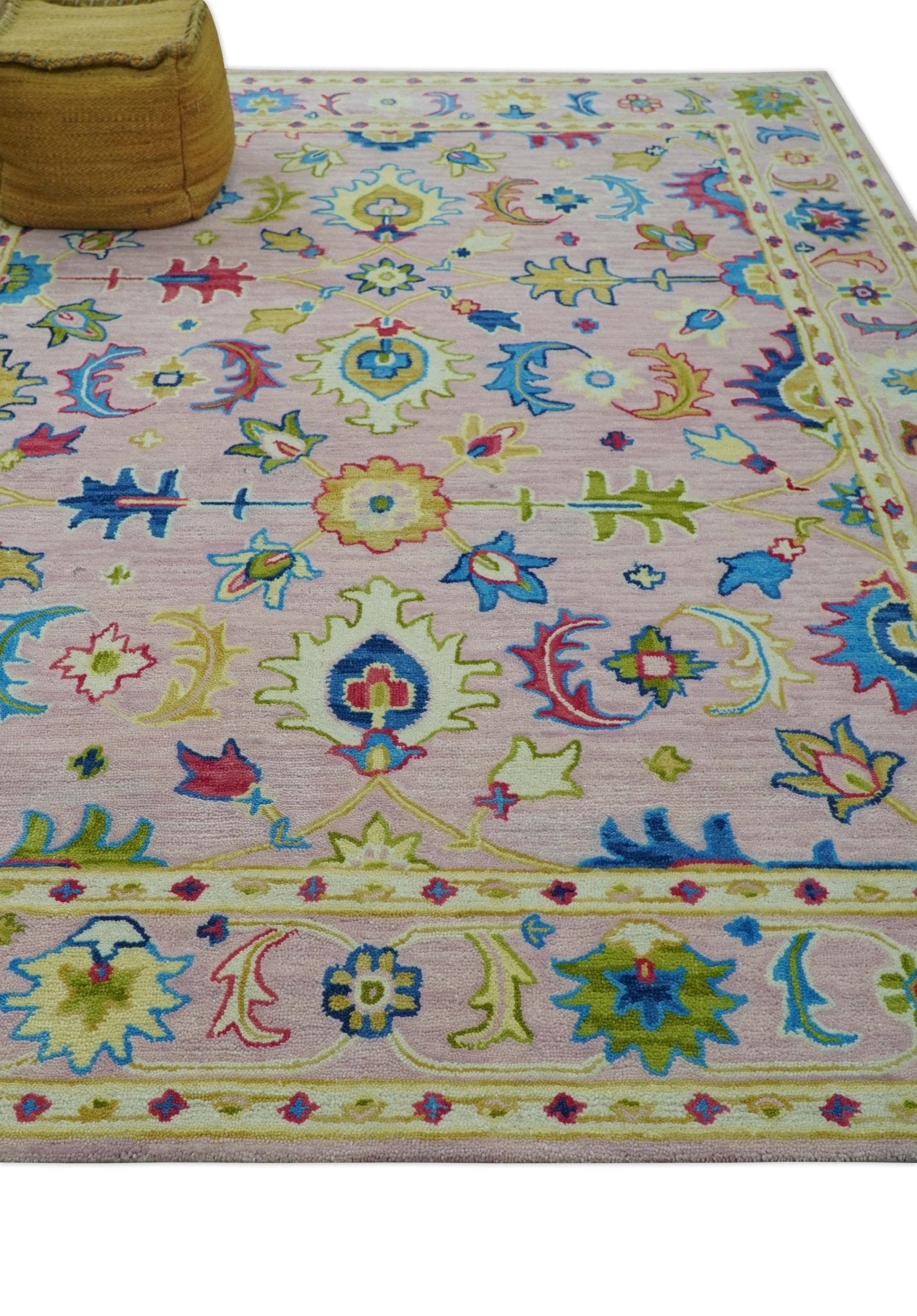 8x10 Vibrant Colorful Pink, Olive and Blue Oriental Oushak Hand Tufted area rug