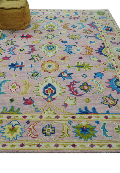 8x10 Vibrant Colorful Pink, Olive and Blue Oriental Oushak Hand Tufted area rug